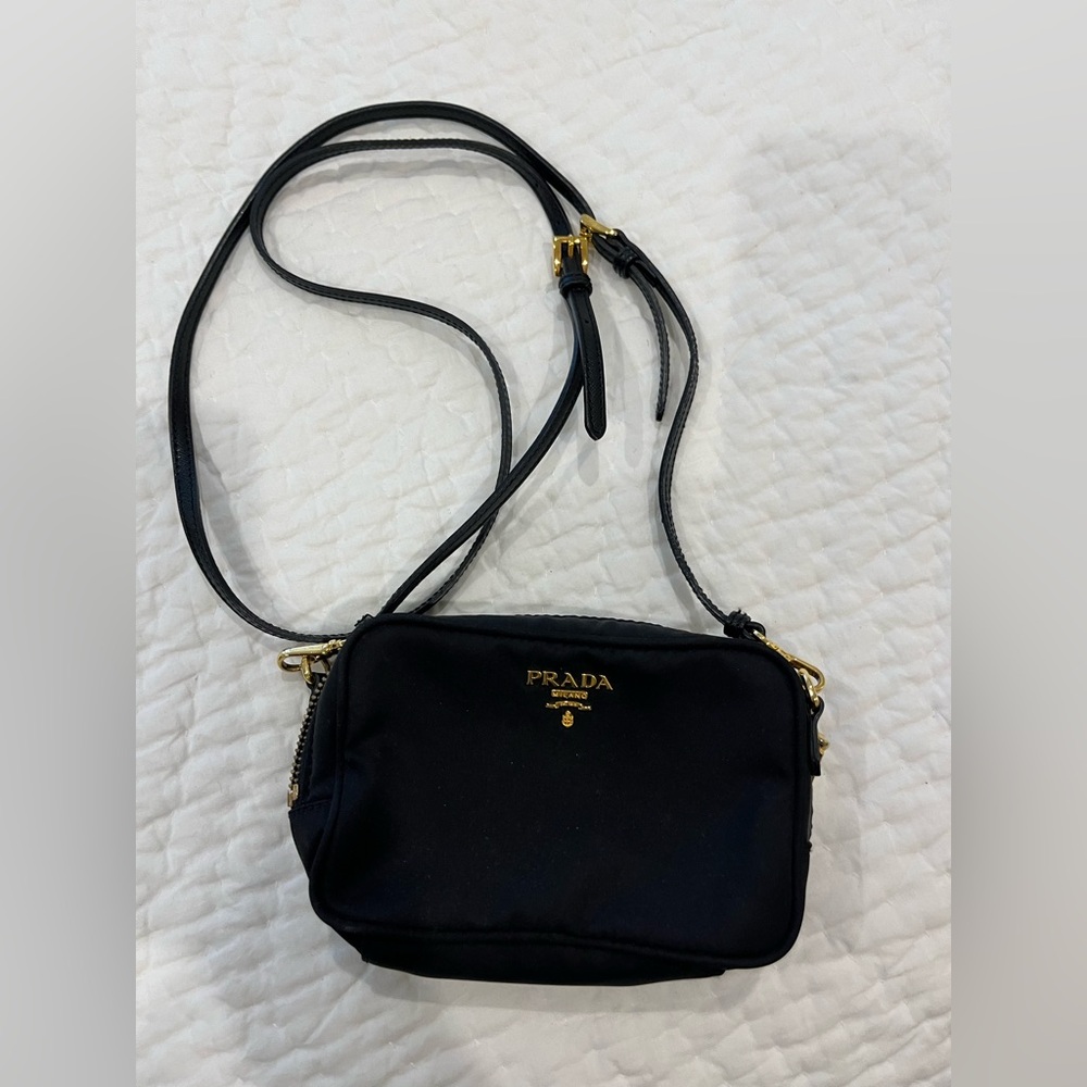 Prada Tessuto Mini Camera Crossbody Bag Black Nylon & Saffiano Leather Clutch